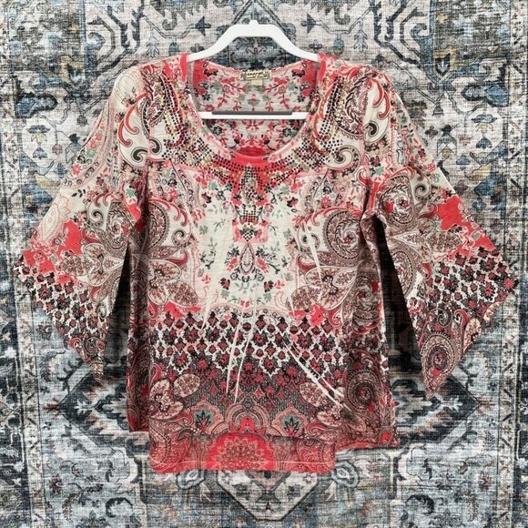 One World Ladies Printed Embellished Half Sleeve Top Size M - Picture 1 of 12